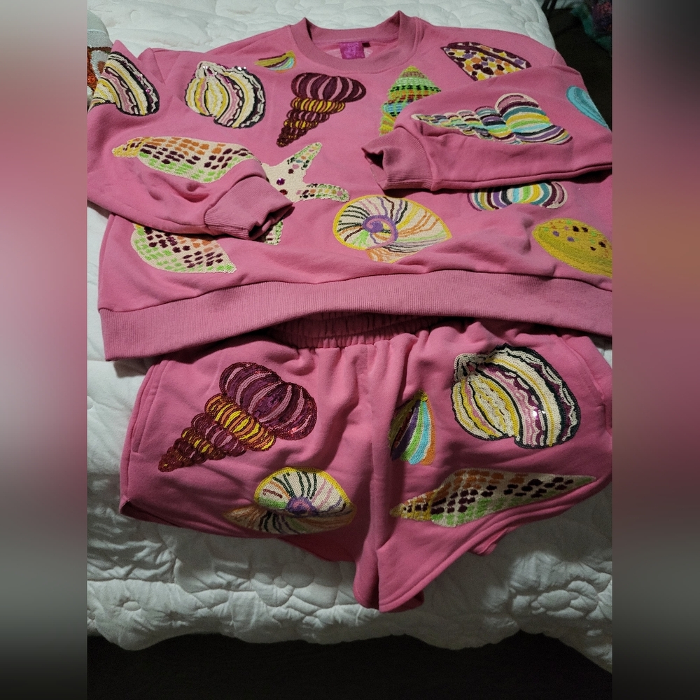Queen Of Sparkles Pink Seashell Sequin Sweatshirt and Shorts Set